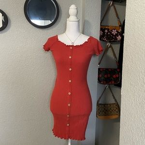 Ribbed Lettuce Edge Buttoned Bodycon Dress